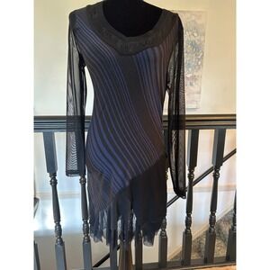 Tricotto Blue Black Striped Mesh Sleeve Asymmetric Lace Ruffle Tunic Dress M